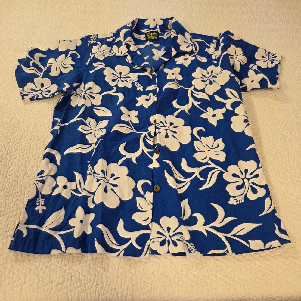 Benny's Mens Large Blue White Floral Hibiscus Hawaiian Aloha Button Up Shirt L